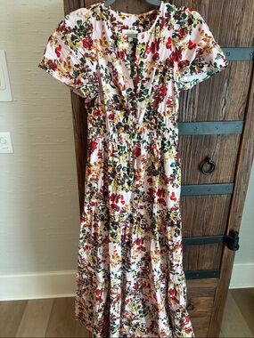 Anthropologie Floral Tiered Maxi Dress in White with Red & Green Floral Print